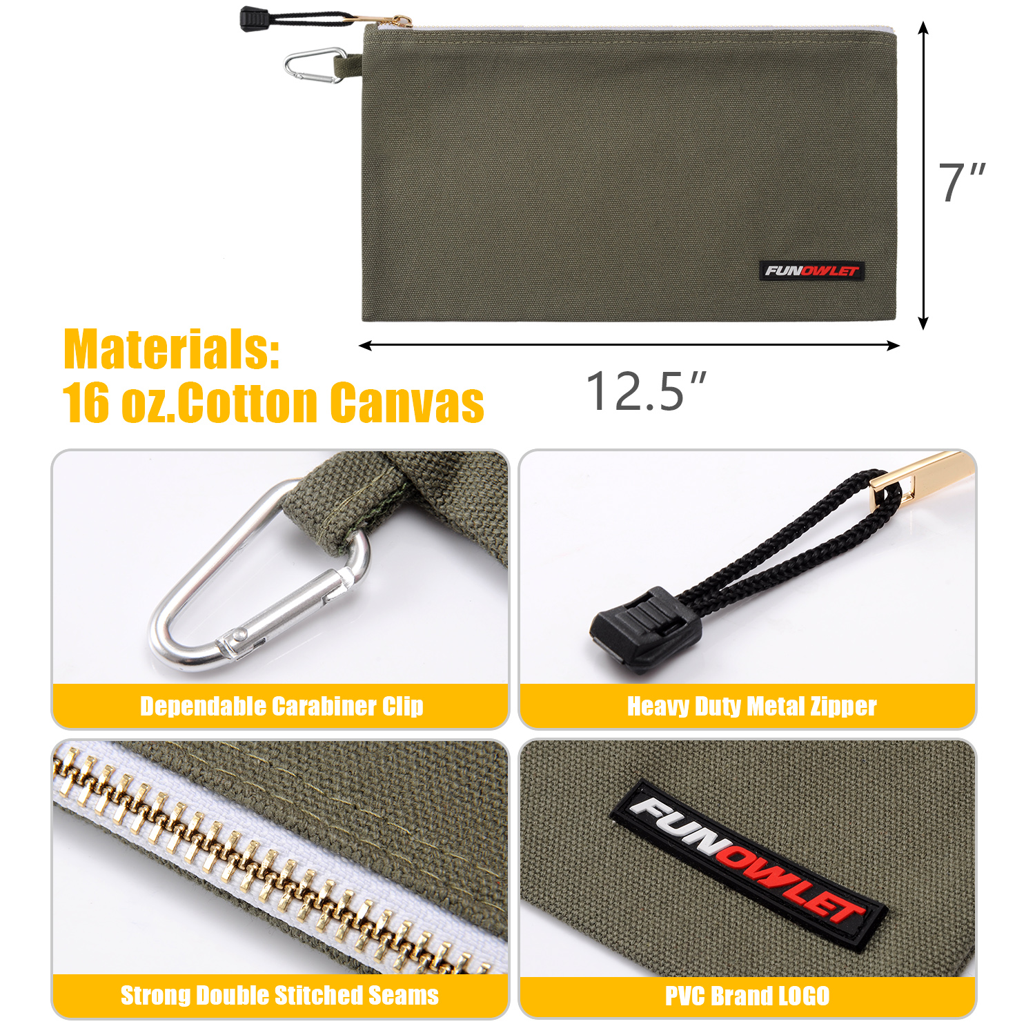 Utility Canvas Zipper Tool Bag Heavy Duty Tools Pouch with Carabiner